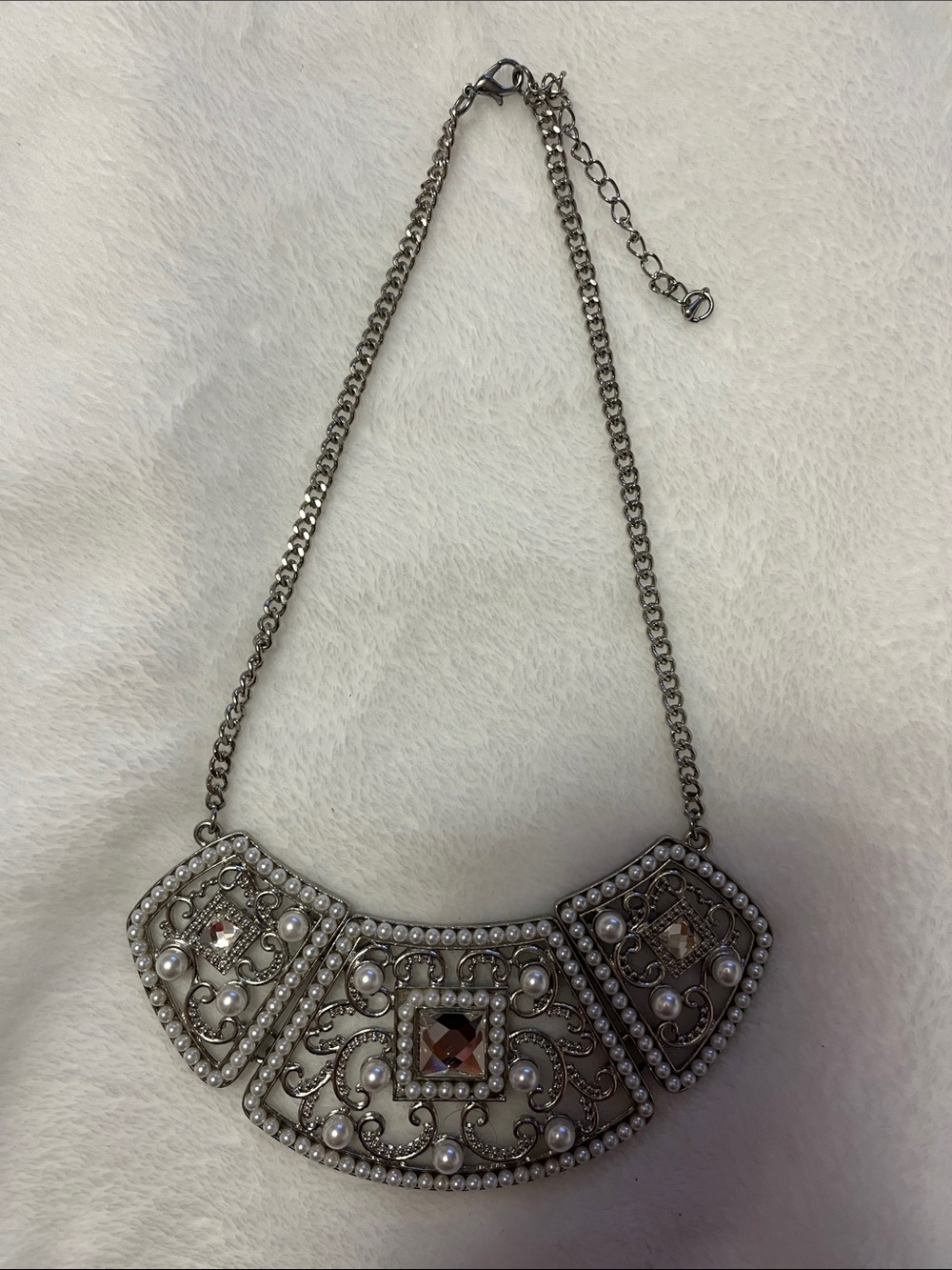 Silver Pearl & Crystal Statement Collar Necklace